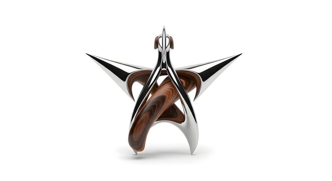 Futuristic chrome star sculpture with dark wood inlay, modern metallic star trophy on white background, luxury abstract geometric award
