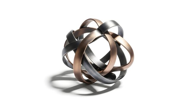 Abstract metal sphere sculpture with interlocking rings, bronze and silver metallic orbital bands, modern decorative object on white background