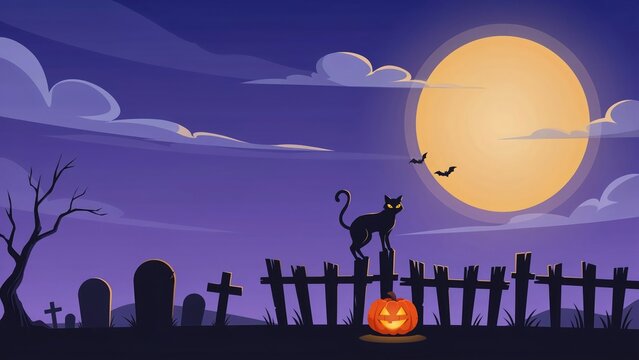 Spooky halloween night scene with black cat and jack o' lantern