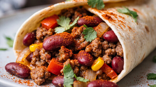Delicious beef burrito with kidney beans. Mexican style wrap with meat and fresh cilantro.