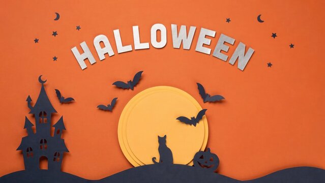 Halloween papercraft scene with haunted house and black cat
