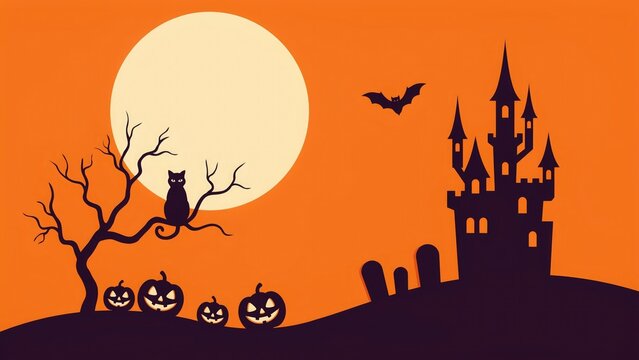 Spooky halloween scene with castle and black cat