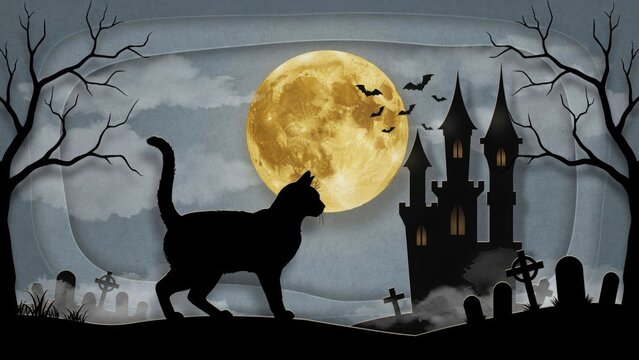 Spooky halloween scene with black cat and haunted castle
