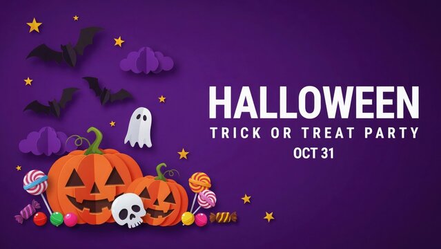 Halloween party invitation with jack o' lanterns and spooky decorations