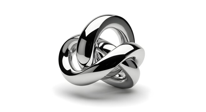 Polished chrome trefoil knot on white background, reflective metallic abstract sculpture, silver infinity loop symbol for business and technology