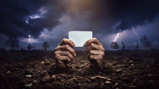 Buried hands holding blank paper during storm