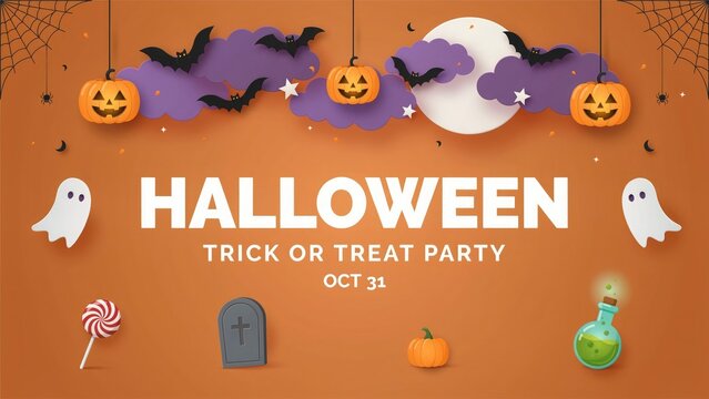 Halloween party banner with spooky decorations and text