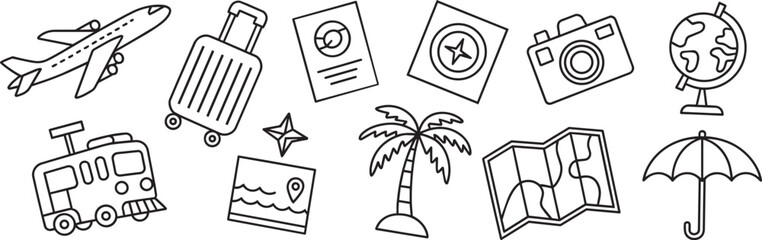 Travel and tourism black outline vector icons set featuring airplane luggage globe camera passport map palm tree train and umbrella symbols for vacation planning vacation graphic design. © Nargis