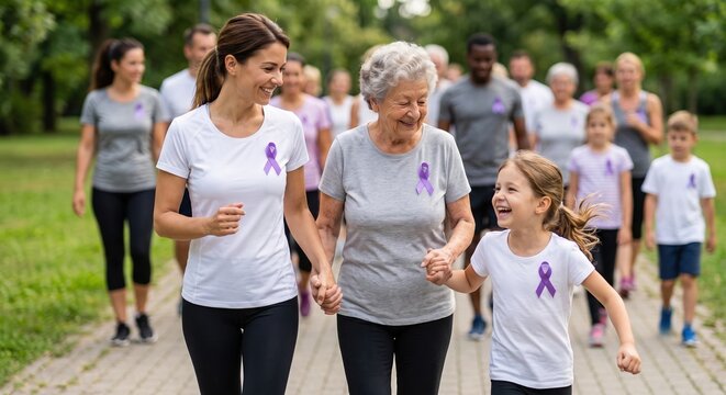 Woman and a young girl walk outdoors while holding hands with an elderly woman World Alzheimer's Day