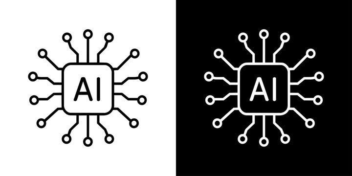 AIチップと電子回路を表す白黒線画アイコンセット