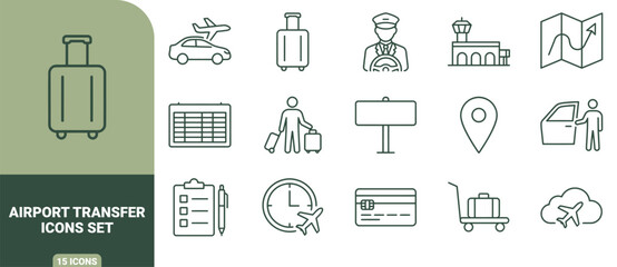 Fototapeta premium Set of 15 dark green outline icons representing airport transfer, travel logistics, luggage, transportation, and flight scheduling services