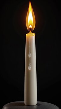 Elegant white candle with bright warm flickering flame and dripping wax in minimalist dark environment, highly detailed 3D CGI animation ideal for meditation relaxation and ambient background concepts