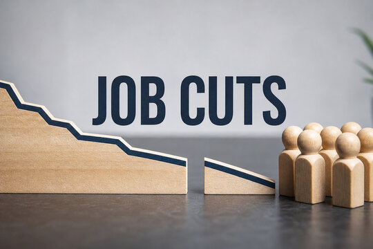 Wooden figures beside a broken downward chart illustrate job cuts, workforce reduction, layoffs, unemployment, and economic decline.