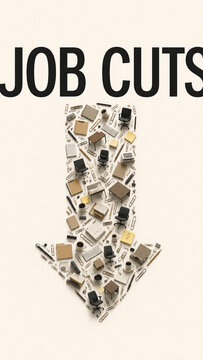 Conceptual illustration of office furniture and supplies arranged as a downward arrow beneath bold job cuts text on a neutral background.