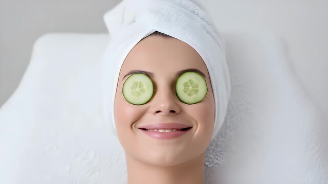 Young woman with a white towel wrapped around her head enjoys a relaxing spa treatment while placing fresh cucumber slices over her eyes for better skin care