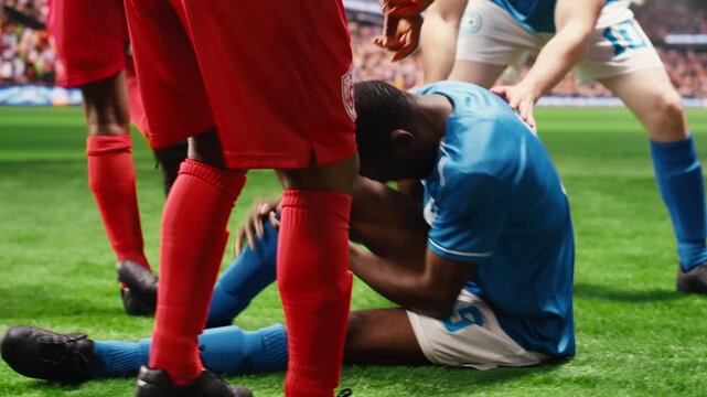 Football player in blue rolls on grass after leg injury, grimacing on the ground after opponent contact and a dangerous tackle dispute on pitch.