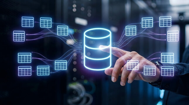 Database manager using holographic data warehouse interface with database cylinder and connected table visualization