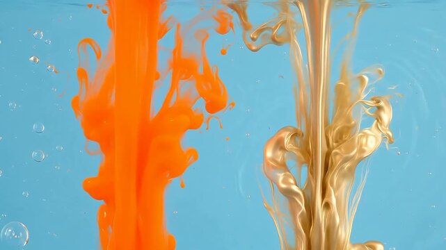 Orange and beige liquids swirling in water against a blue background