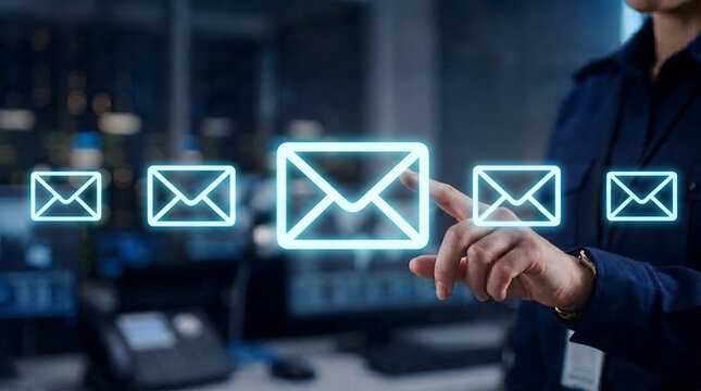 Communications officer operating holographic email dashboard with inbox and digital message communication icons