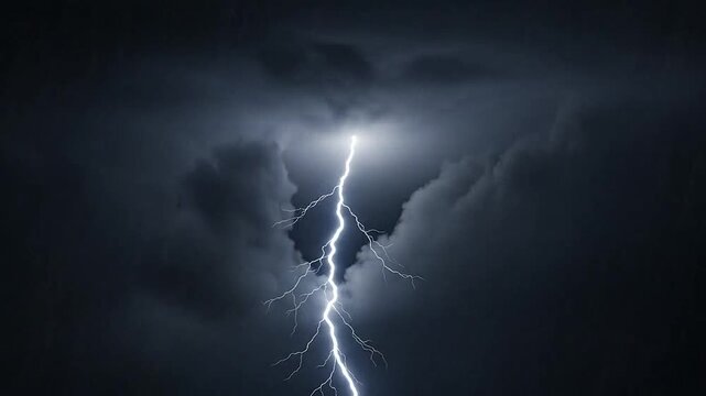 A powerful bolt of lightning strikes through dark and stormy clouds during a heavy rain shower