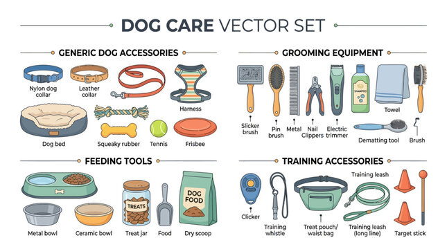 Comprehensive pet supplies and grooming tools for canine care including training equipment feeding accessories and hygiene products vector set