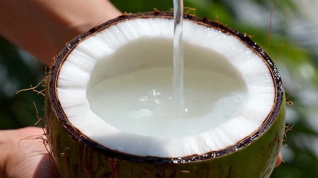 Fresh coconut being filled with water, close-up shot