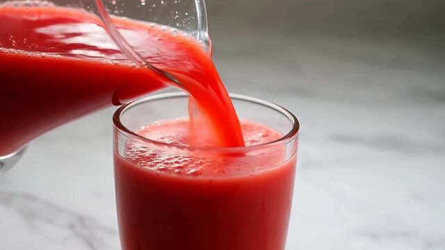 Pouring red juice from a pitcher into a glass