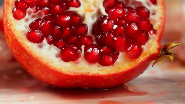Close-up of a halved pomegranate with juicy red arils and juice dripping on a surface