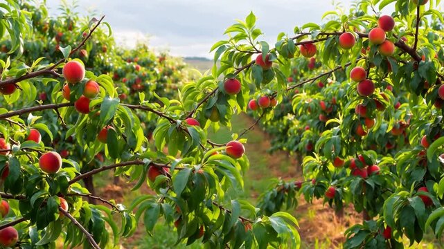 Rows of peach trees laden with ripe fruit in a sunny orchard
