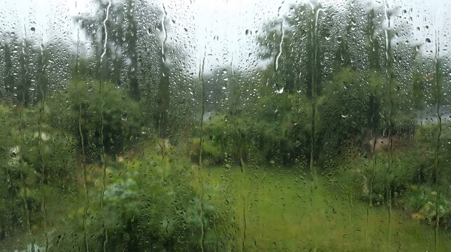 Moisture droplets and running streams of water on a windowpane with a soft out of focus green garden in the distance water drops glass window rain condensation wet trickle stream moisture
