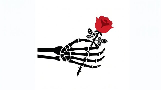 Skeleton hand holding a red rose with thorns on a white background