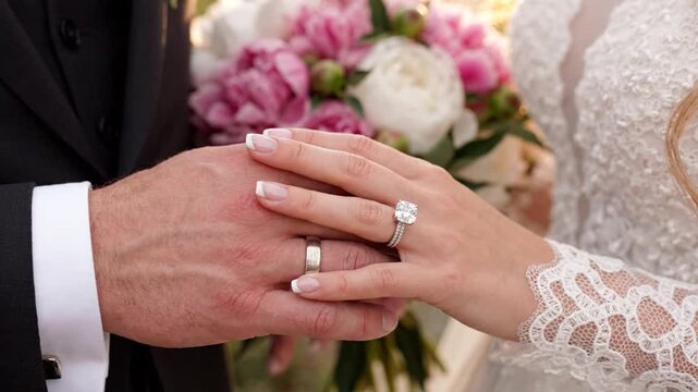 Close-up of wedding rings being exchanged, bride and groom hands with bouquet