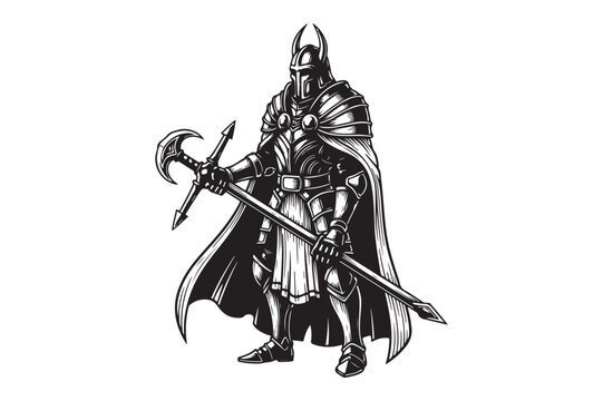 Medieval knight in full armor standing with halberd weapon vector illustration