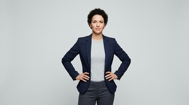 Expressive Physical Communication Showing a Confident Stance with Hands Positioned Firmly on the Hips Isolated Against a Neutral Studio Backdrop  body language gesture arms akimbo confidence