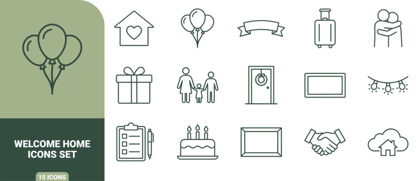 Welcome home line icon set featuring balloons, family, gift box, birthday cake, handshake, suitcase, and decorative home in dark green