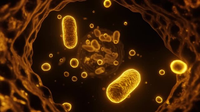 Dark cinematic intracellular environment with glowing golden autophagy vesicles