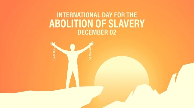 International day for abolition of slavery poster with person breaking free from chains on cliff against orange sunset background.