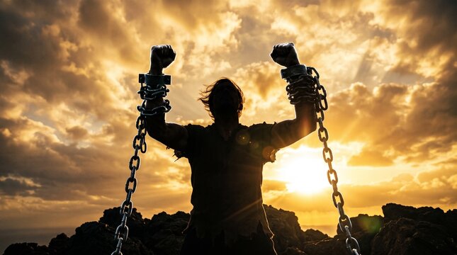 Silhouette person breaking chains symbolizing freedom struggle and overcoming oppression against sunset sky dramatic lighting.