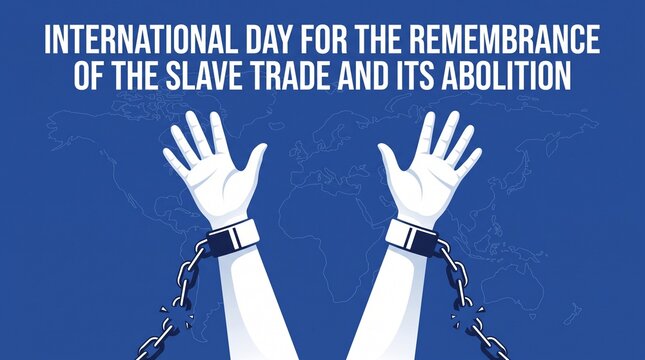International day remembrance slave trade abolition hands chains world map.