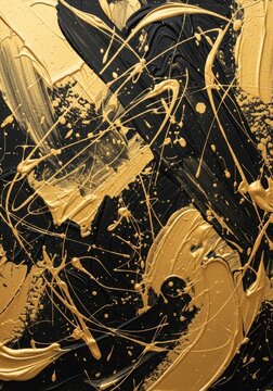 Abstract painting with gold paint splashes on black canvas. Modern textured artwork with metallic brush strokes for luxury wallpaper background. Artistic design element for creative project.