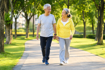 Obraz premium Photorealistic Image of Senior Couple Walking in Green Park for Active Aging and Healthcare Marketing