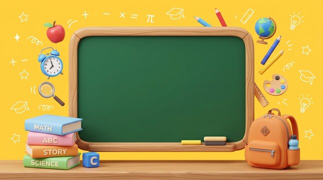 School blackboard with classroom supplies on wooden table background features math books alarm clock stationery items and icons.