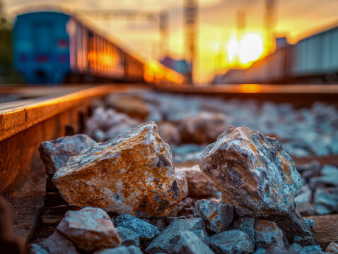 Detailed view of rocks on railway tracks illuminated by golden sunset light with a blurred train in the background, depicting tranquility and travel imagery