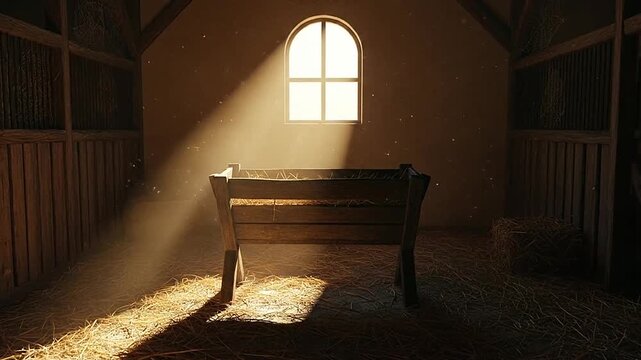 A wooden manger filled with dry hay sits inside a rustic barn illuminated by sunlight