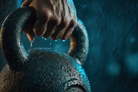 Determined person gripping a wet kettlebell tightly during intense rainy workout session symbolizing strength and endurance in challenging conditions