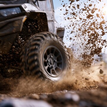 Off-road vehicle tire spinning rapidly as it kicks up mud and dirt in a dynamic display of outdoor adventure and rugged terrain excitement