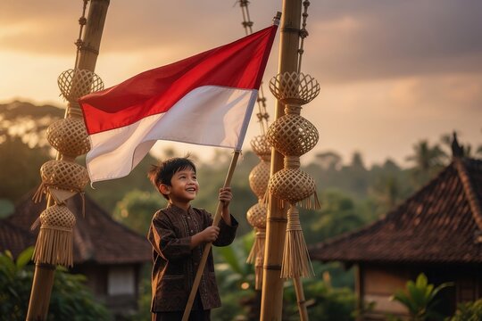 Cheerful Smile of an Indonesian Child Waving the Red and White Flag Under Yellow Janur Penjor Decoration