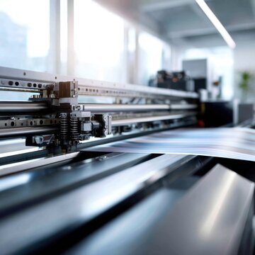 Industrial digital printing machine producing high-quality prints in a modern bright factory environment with metal components and smooth paper feed mechanism