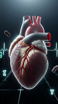 Glowing red 3D CGI anatomical human heart at peak moment of heart attack with arterial constriction irregular pulsing
