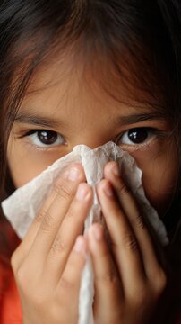 Young girl holding a tissue to her nose with deep sincere eyes visible, capturing a moment of discomfort or sneezing indoors with soft natural lighting